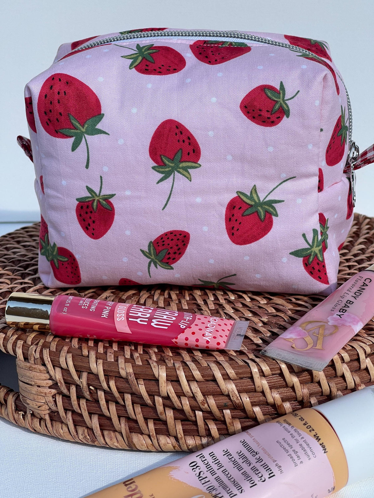 Handmade Quilted Cosmetic Bag: Strawberries on Pink