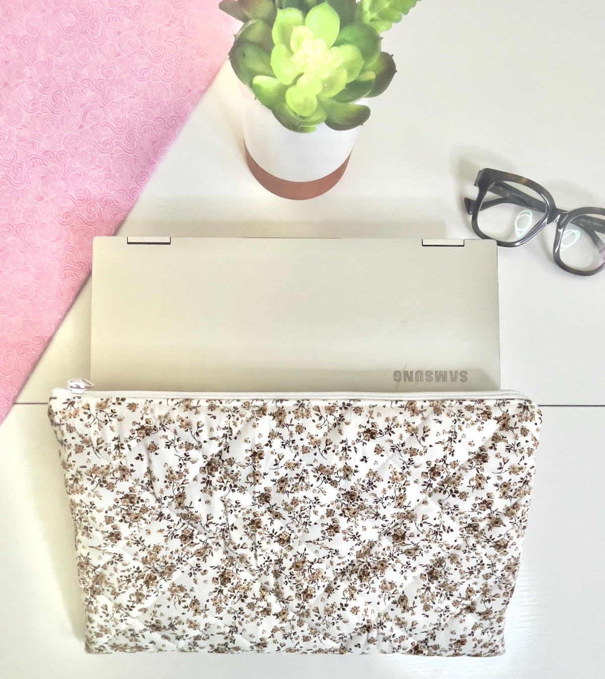 The Brown and beige Quilted Tablet sleeve , laptop case / pouch , laptop cover, electronic device protection.
