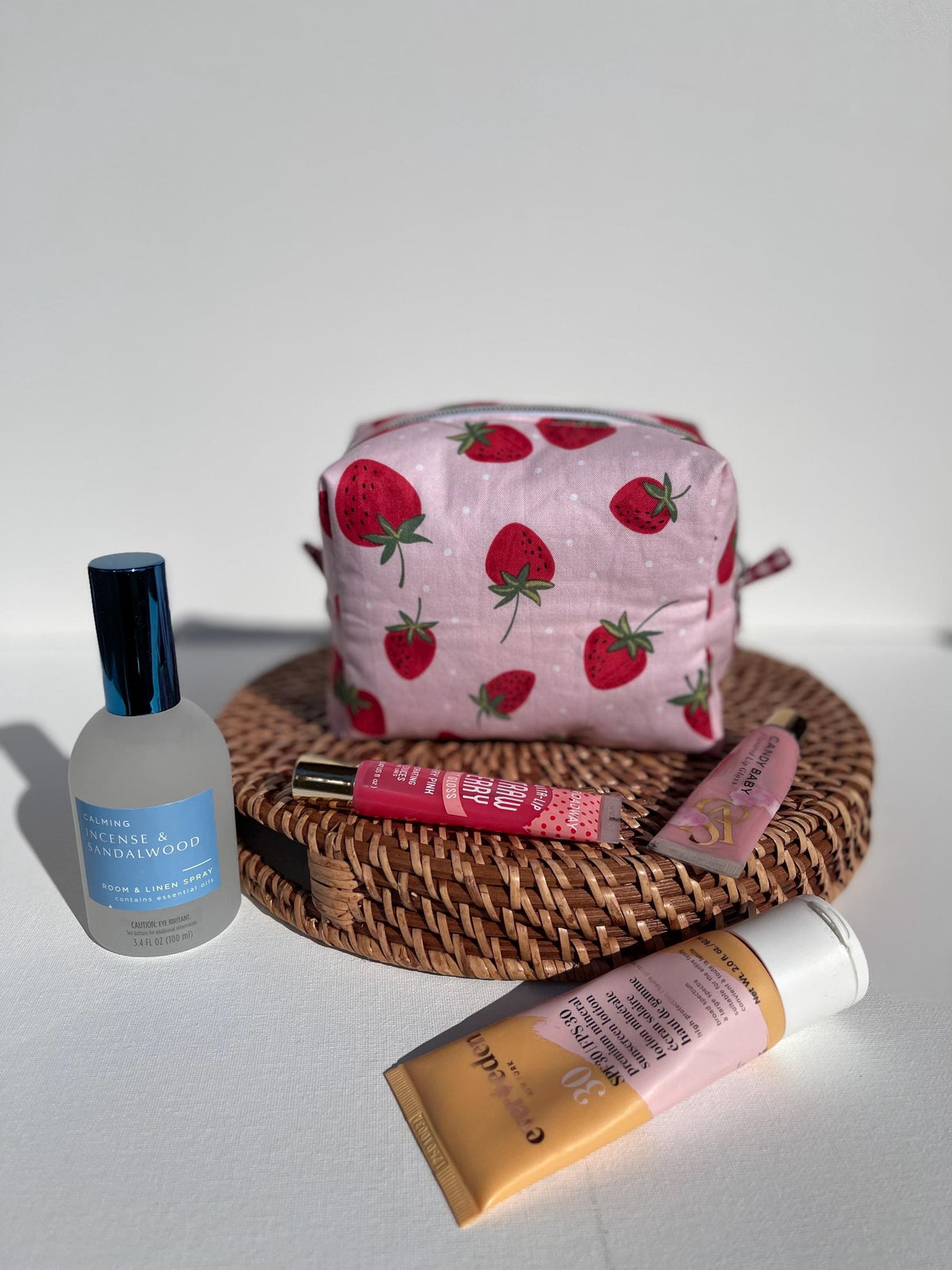 Handmade Quilted Cosmetic Bag: Strawberries on Pink