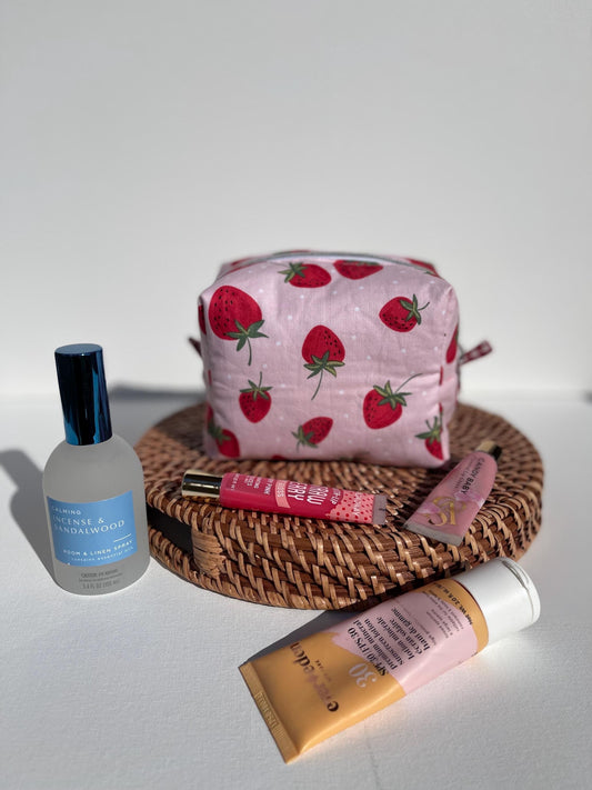 Handmade Quilted Cosmetic Bag: Strawberries on Pink