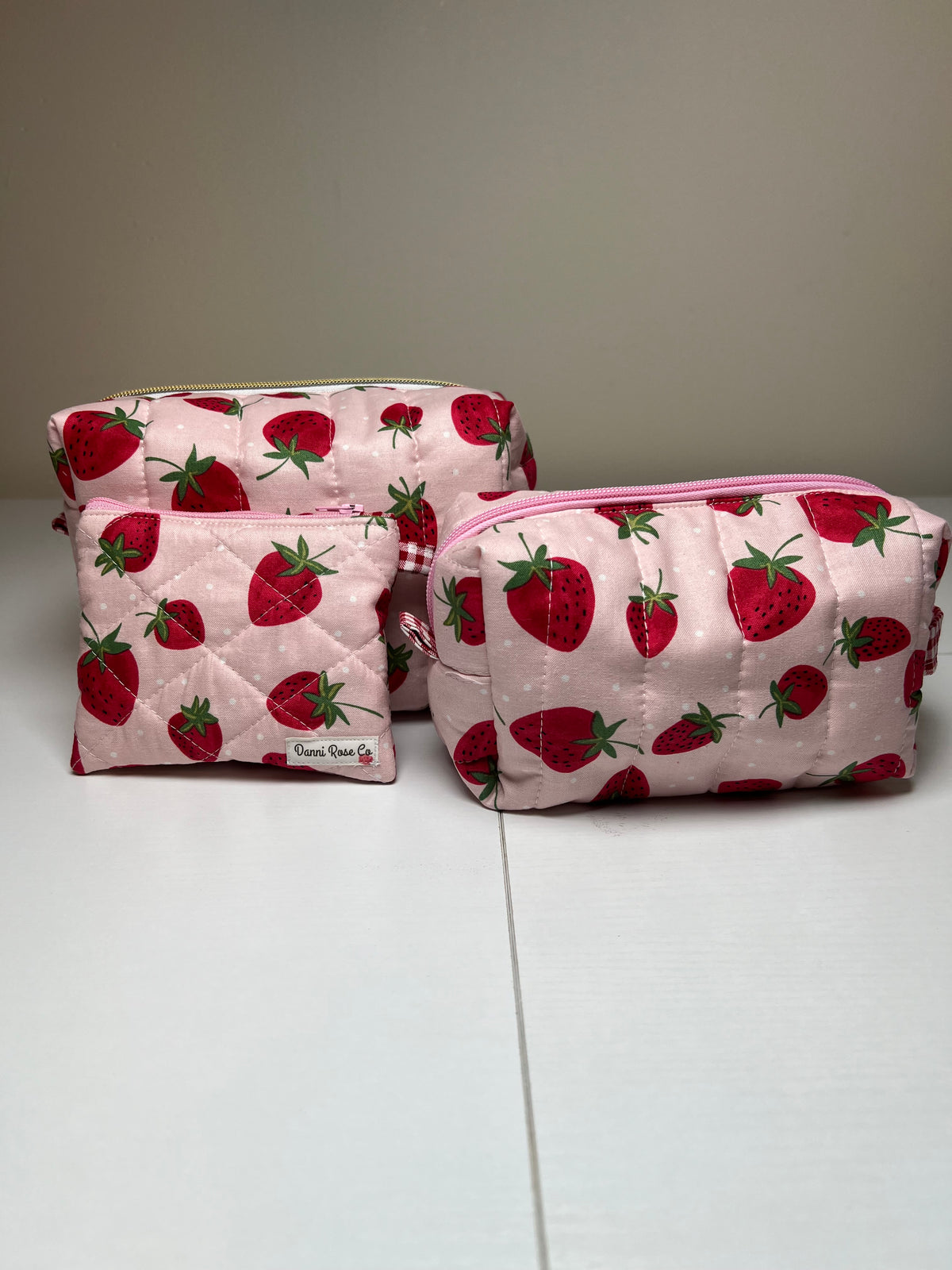 Handmade Quilted Cosmetic Bag: Strawberries on Pink