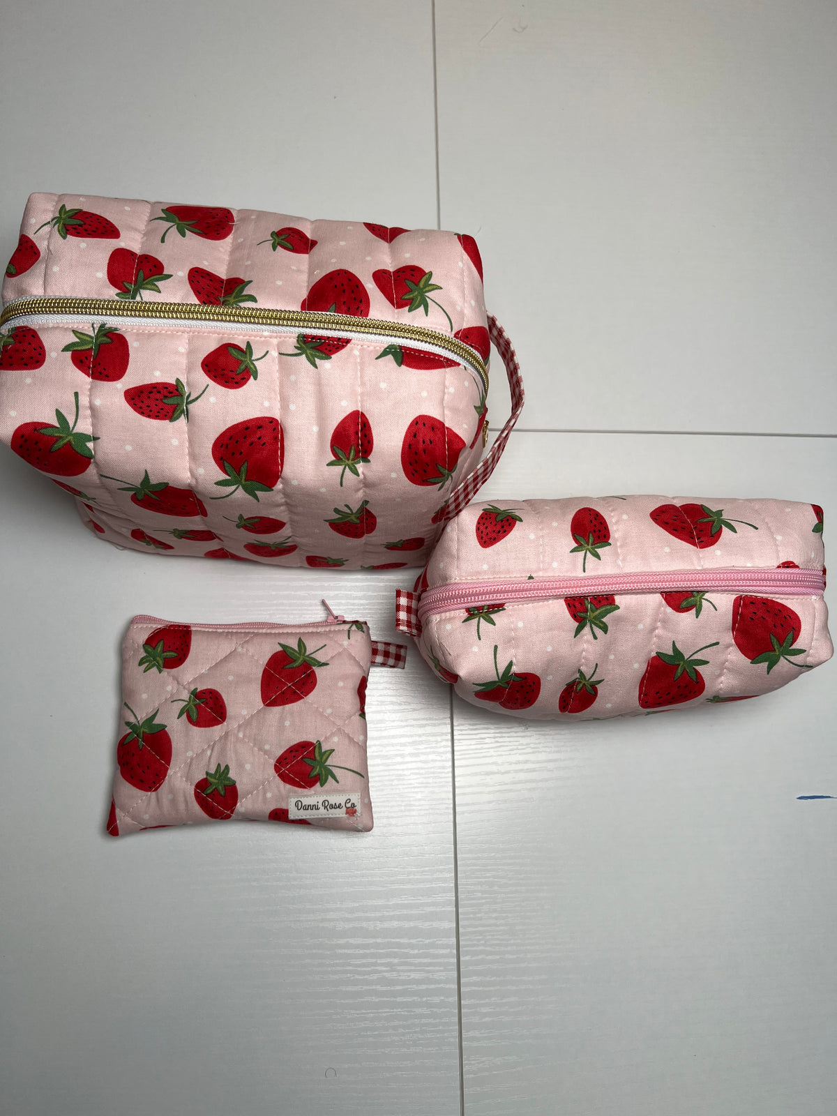 Handmade Quilted Cosmetic Bag: Strawberries on Pink
