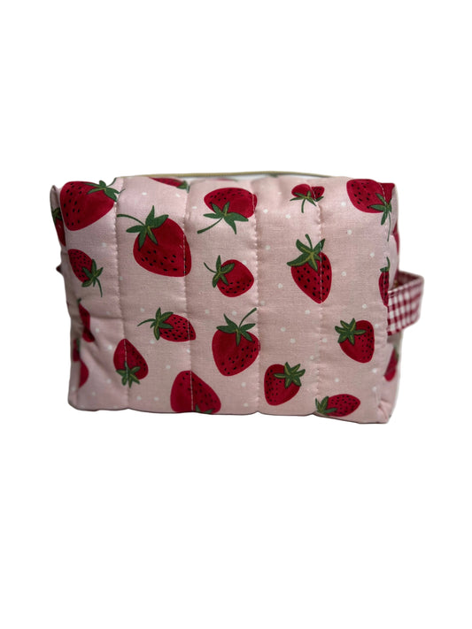 Handmade Quilted Cosmetic Bag: Strawberries on Pink