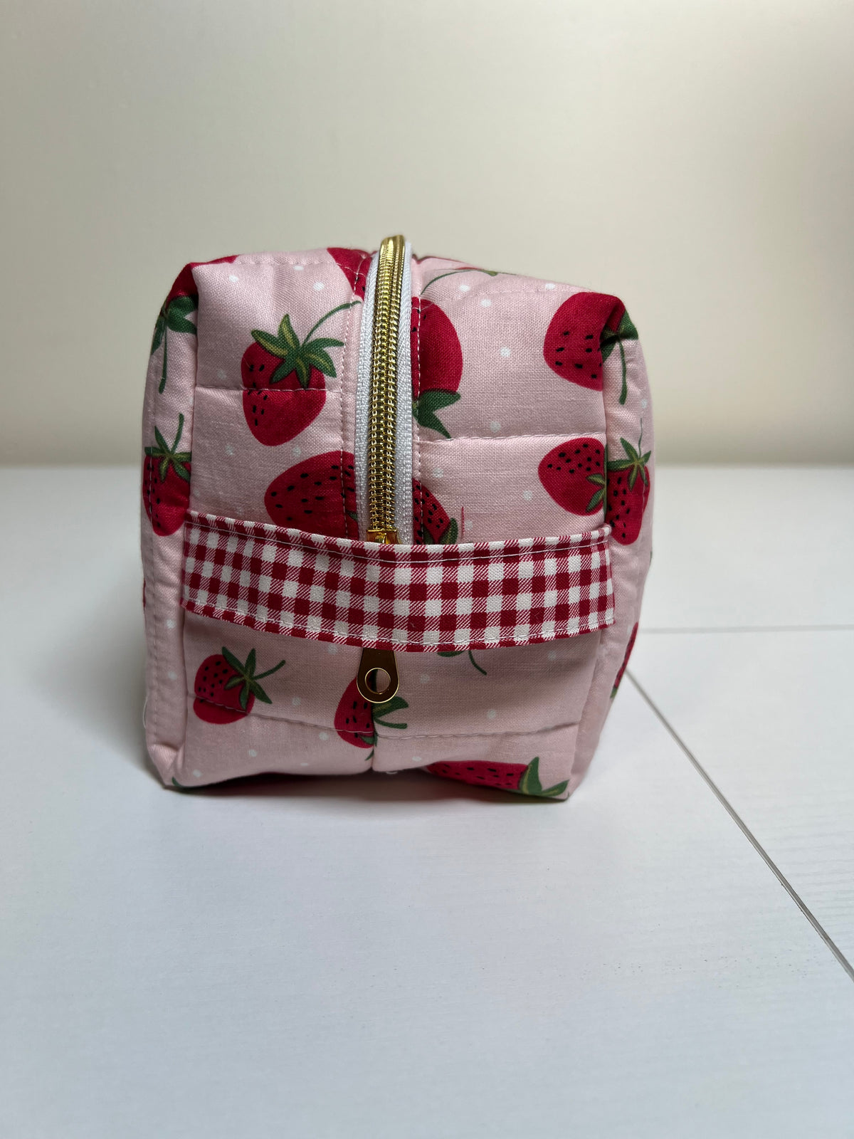 Handmade Quilted Cosmetic Bag: Strawberries on Pink