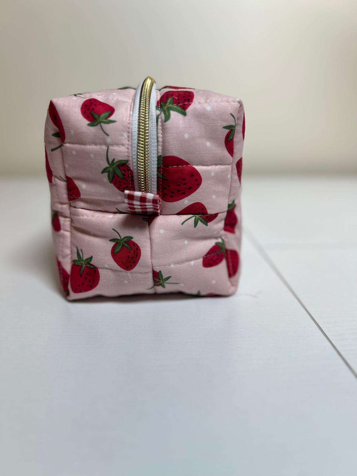 Handmade Quilted Cosmetic Bag: Strawberries on Pink