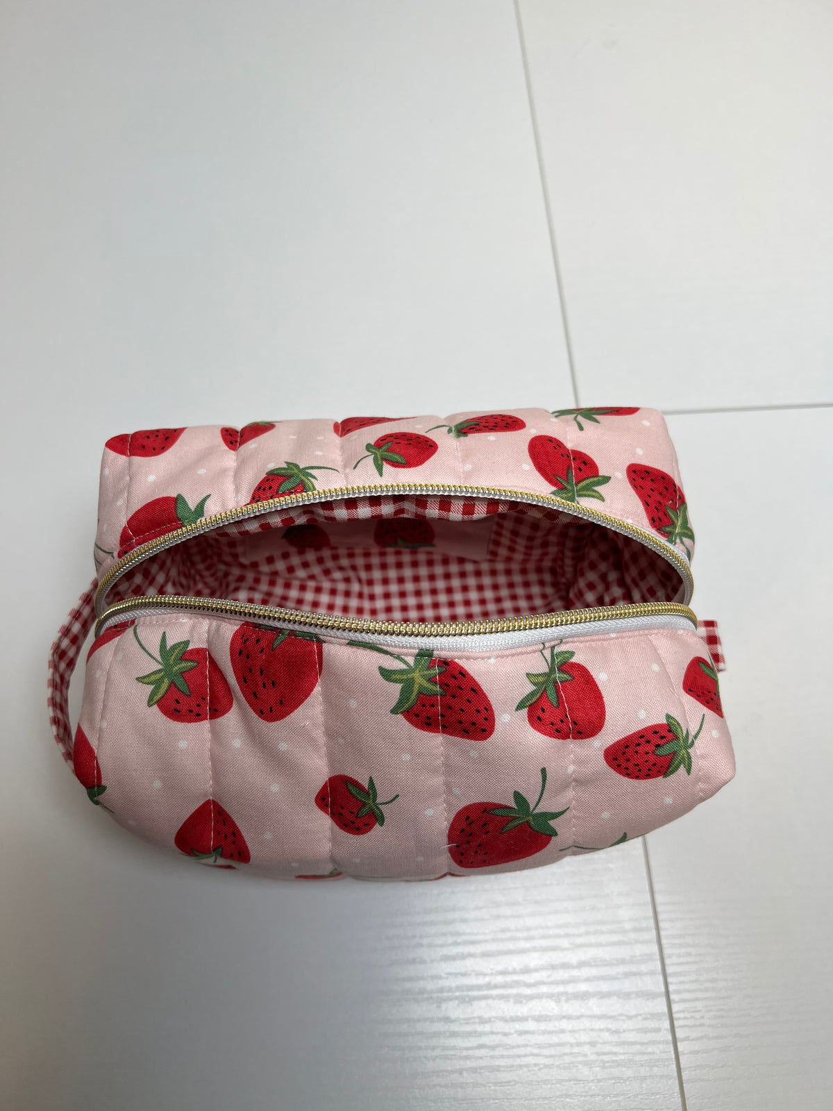 Handmade Quilted Cosmetic Bag: Strawberries on Pink