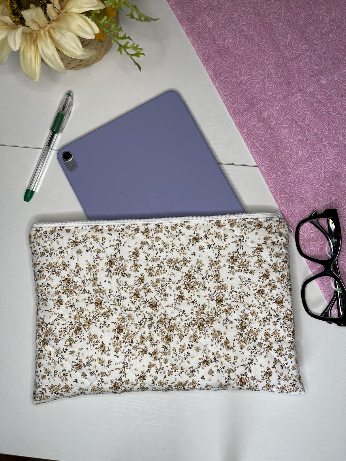 The Brown and beige Quilted Tablet sleeve , laptop case / pouch , laptop cover, electronic device protection.