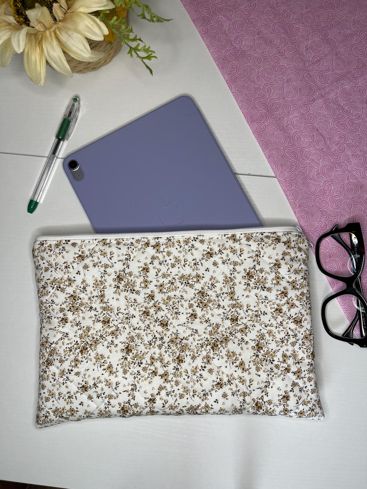 The Brown and beige Quilted Tablet sleeve , laptop case / pouch , laptop cover, electronic device protection.