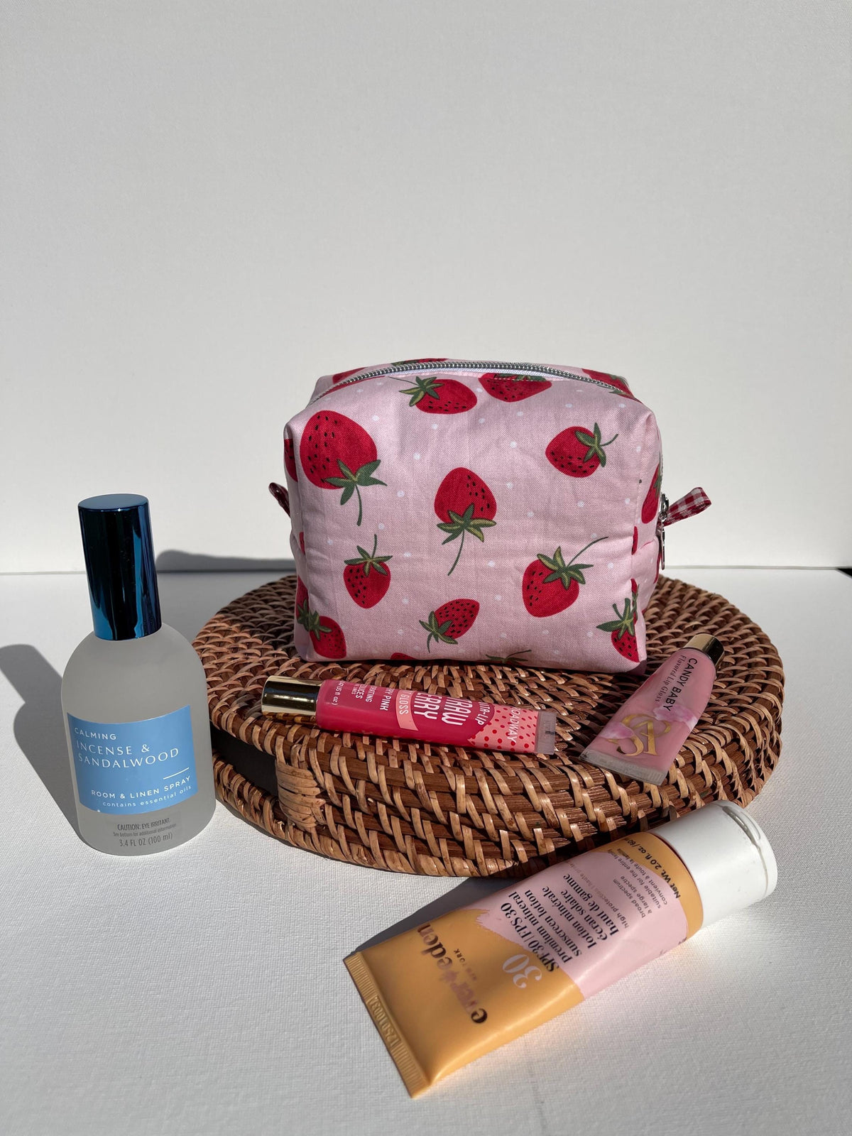 Handmade Quilted Cosmetic Bag: Strawberries on Pink